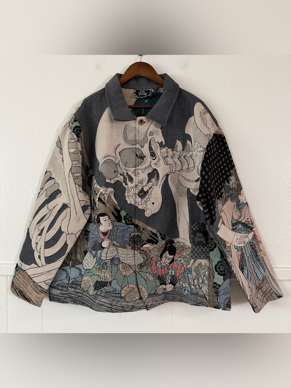 rebels Gray and Cream Graphic Skeleton Jean Jacket